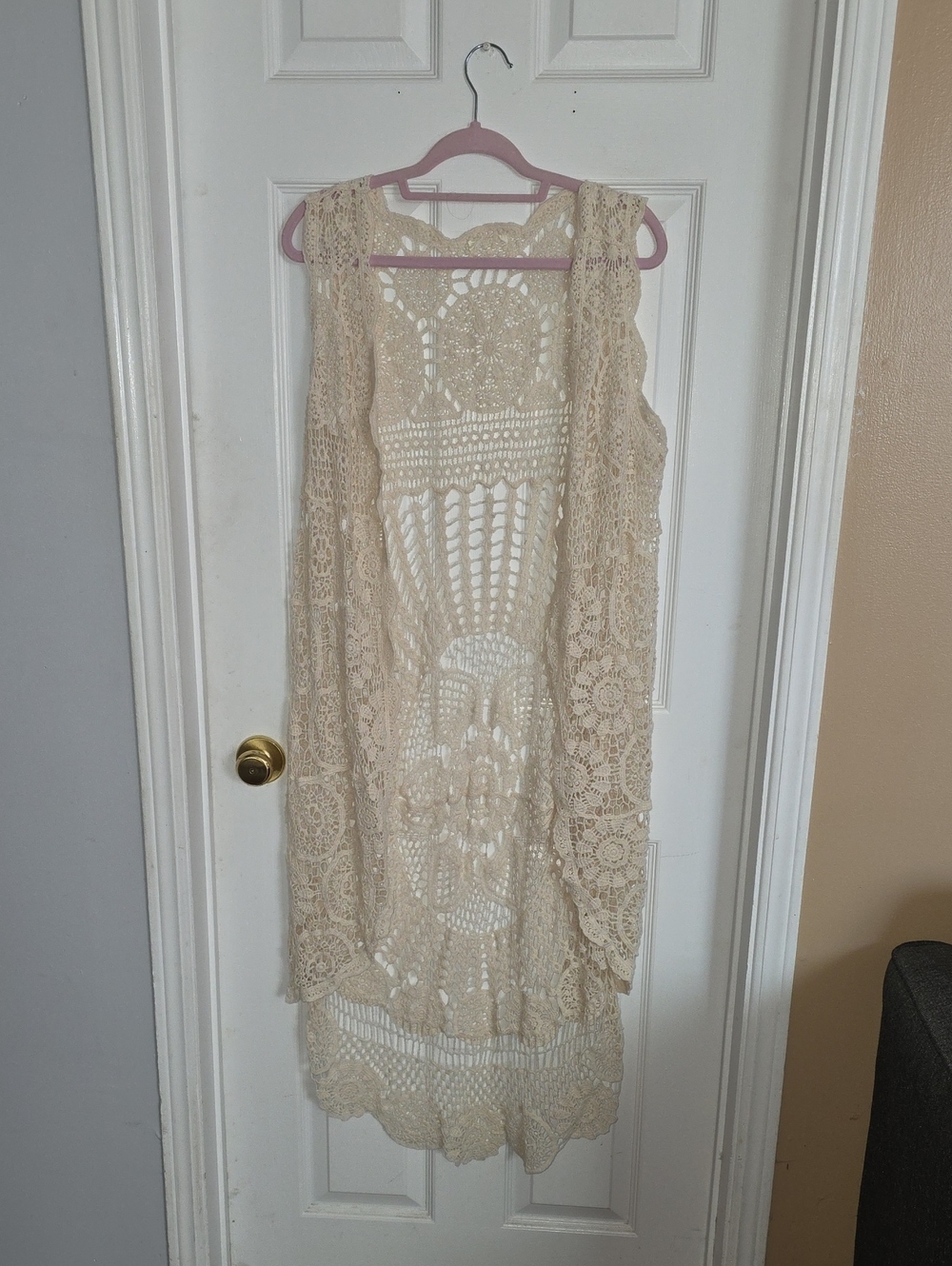 Boho Crochet Long Vest in Cream